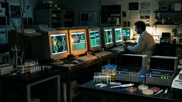 Laboratorio de biología molecular de los años noventa con supercomputadoras mostrando modelos de ADN y secuenciadores genéticos.