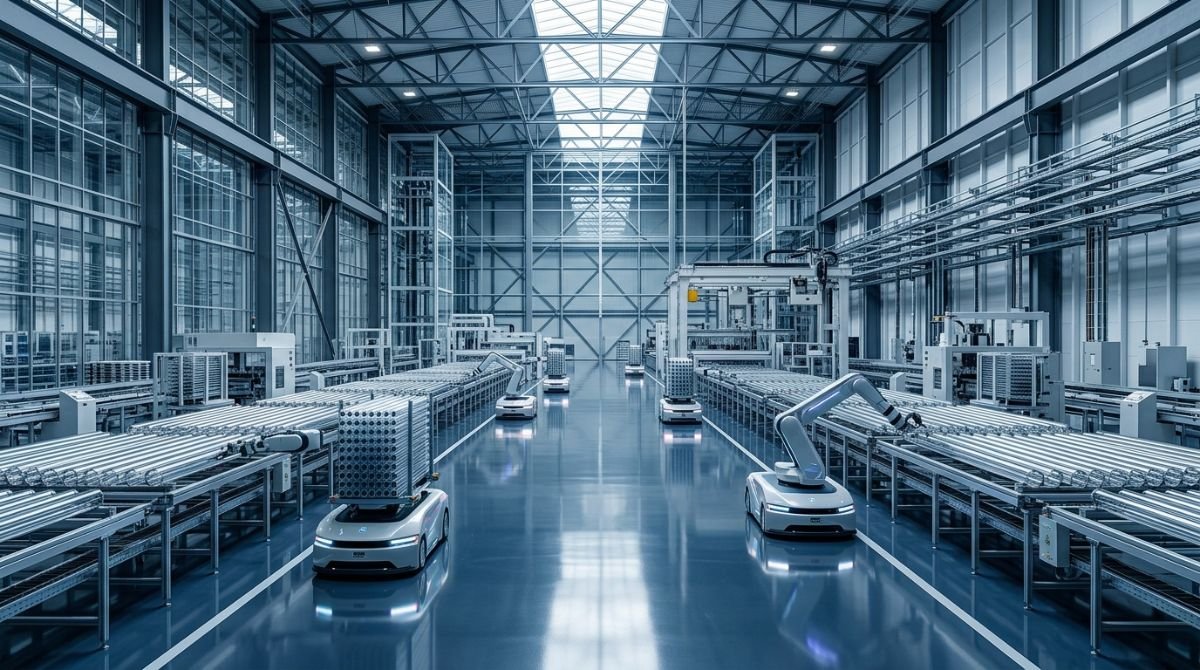 Interior futurista de la fábrica de Solyndra en Fremont con robots avanzados y tubos de vidrio solar