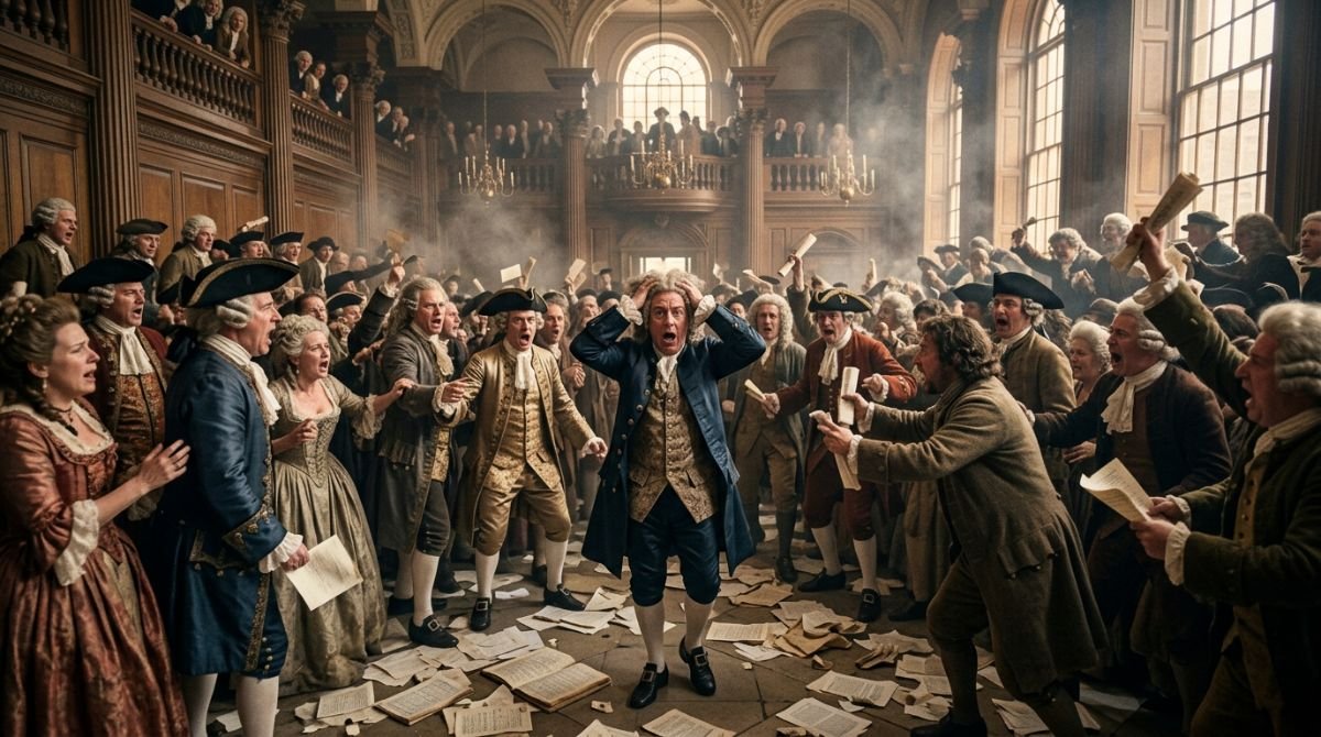 Pintura realista de la crisis financiera de la burbuja de los mares del sur de 1720 en Londres, mostrando la desesperación de la multitud aristocrática en un salón de intercambio.
