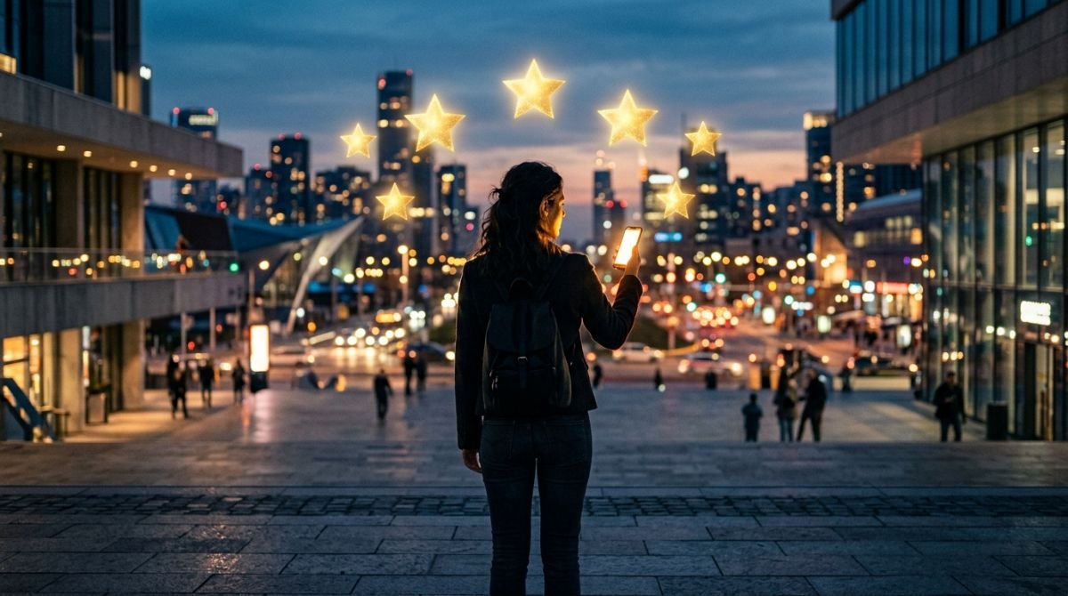 Persona en una plaza urbana moderna observando estrellas doradas brillantes que simbolizan la reputación digital y las reseñas online.