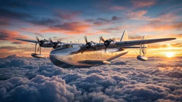 Hidroavión clásico volando entre nubes al atardecer en alusión a la época dorada de la aviación comercial del siglo XX.