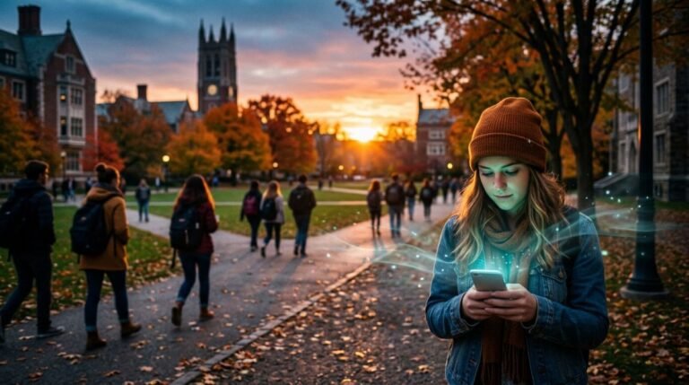 Estudiante universitario sosteniendo un smartphone brillante en un campus al atardecer, representando el anonimato digital.