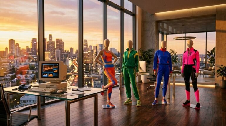 Representacion conceptual de la era dorada de las puntocom con maniquies de moda deportiva de lujo en una oficina de los anos noventa