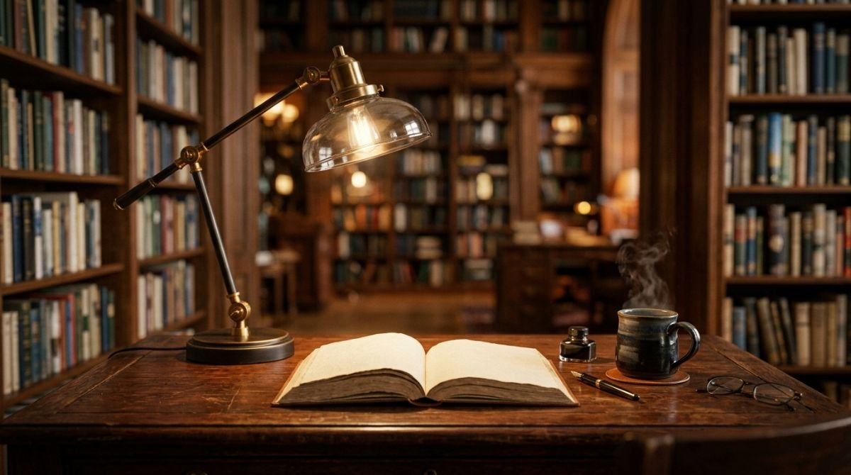 Un libro abierto sobre un escritorio de madera iluminado por una lámpara cálida en una biblioteca privada, simbolizando el conocimiento profundo y la estrategia.