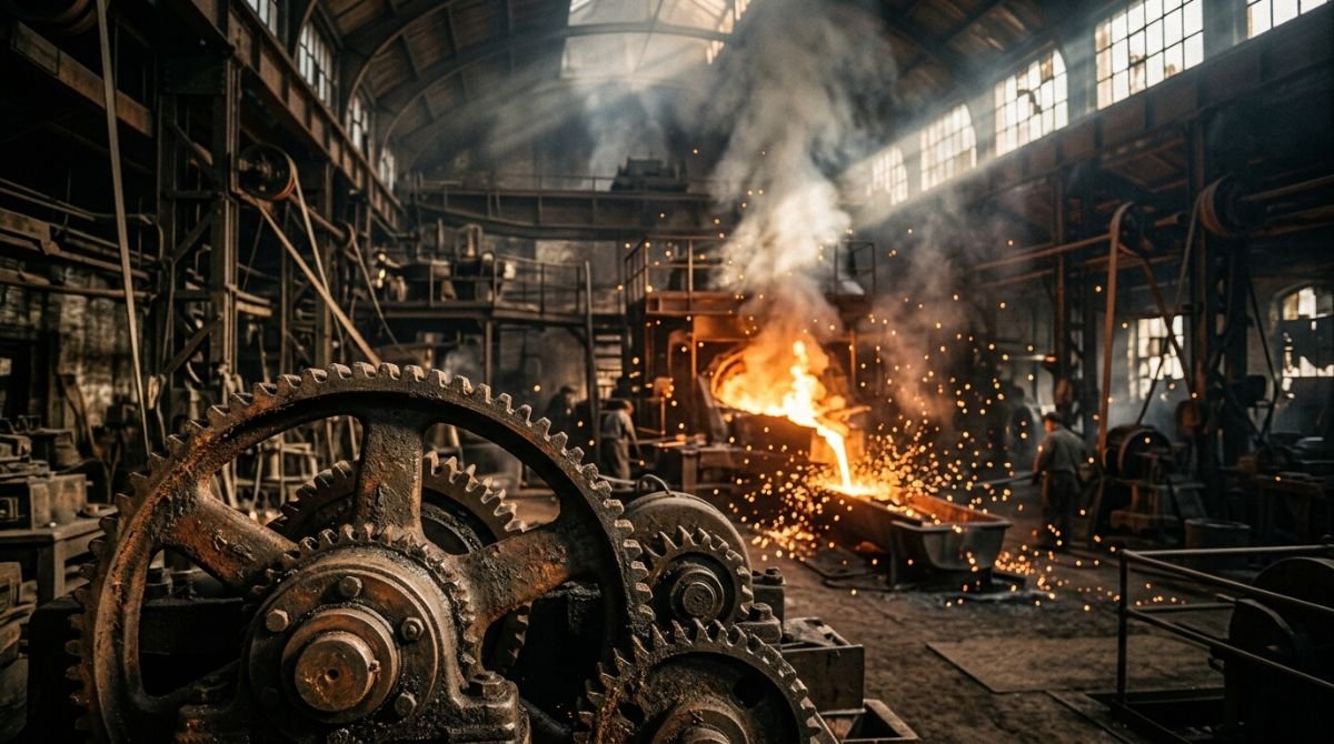 Taller industrial del siglo diecinueve con grandes engranajes de hierro y horno de fundicion con luz dorada
