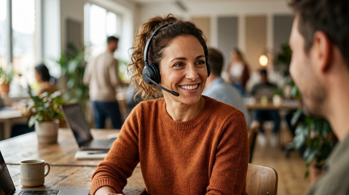 Especialista en atención al cliente sonriendo durante una llamada, representando la cultura de felicidad y servicio humano de Zappos.