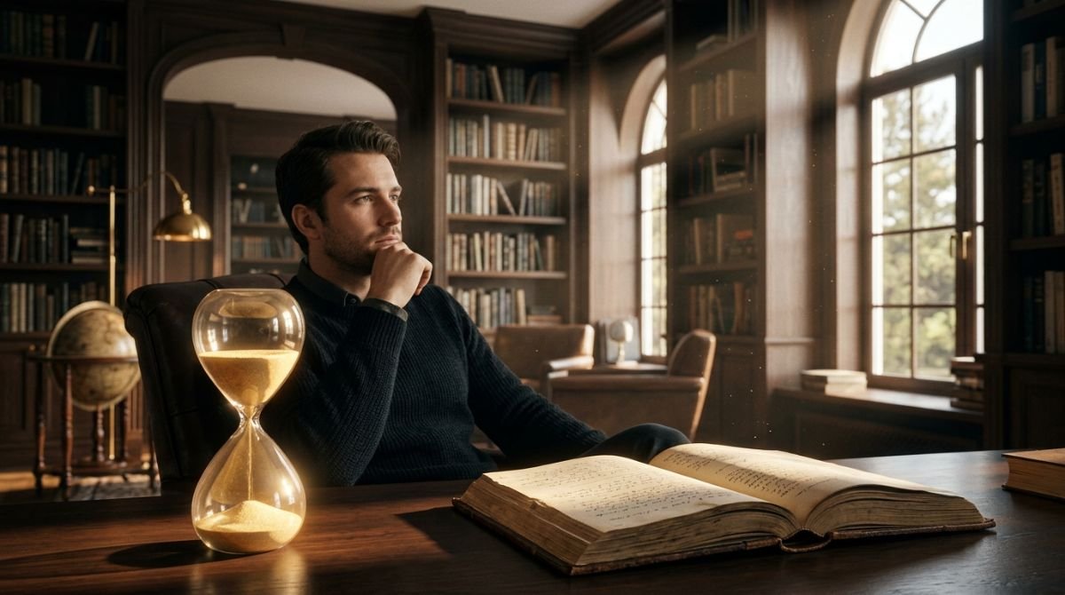 Persona reflexionando sobre la psicología del dinero y la educación financiera en una biblioteca clásica.