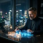 Retrato conceptual de un estratega tecnológico y filósofo de negocios frente a un ajedrez holográfico en una oficina moderna de Silicon Valley.
