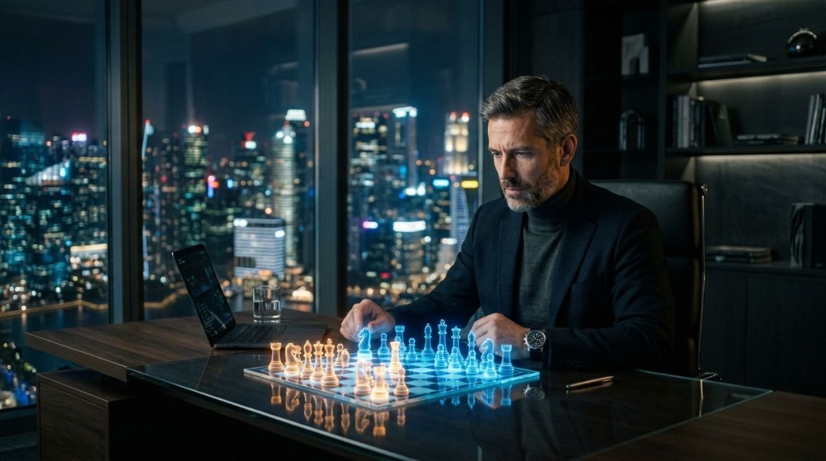 Retrato conceptual de un estratega tecnológico y filósofo de negocios frente a un ajedrez holográfico en una oficina moderna de Silicon Valley.