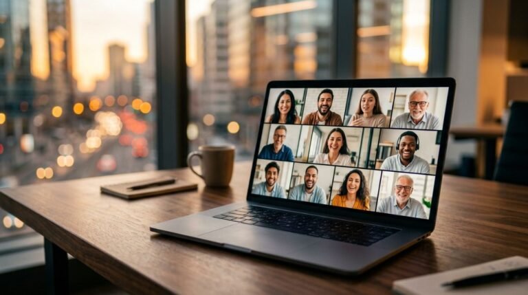 Ordenador portátil mostrando una videoconferencia con varios participantes sobre un escritorio de oficina moderna al atardecer