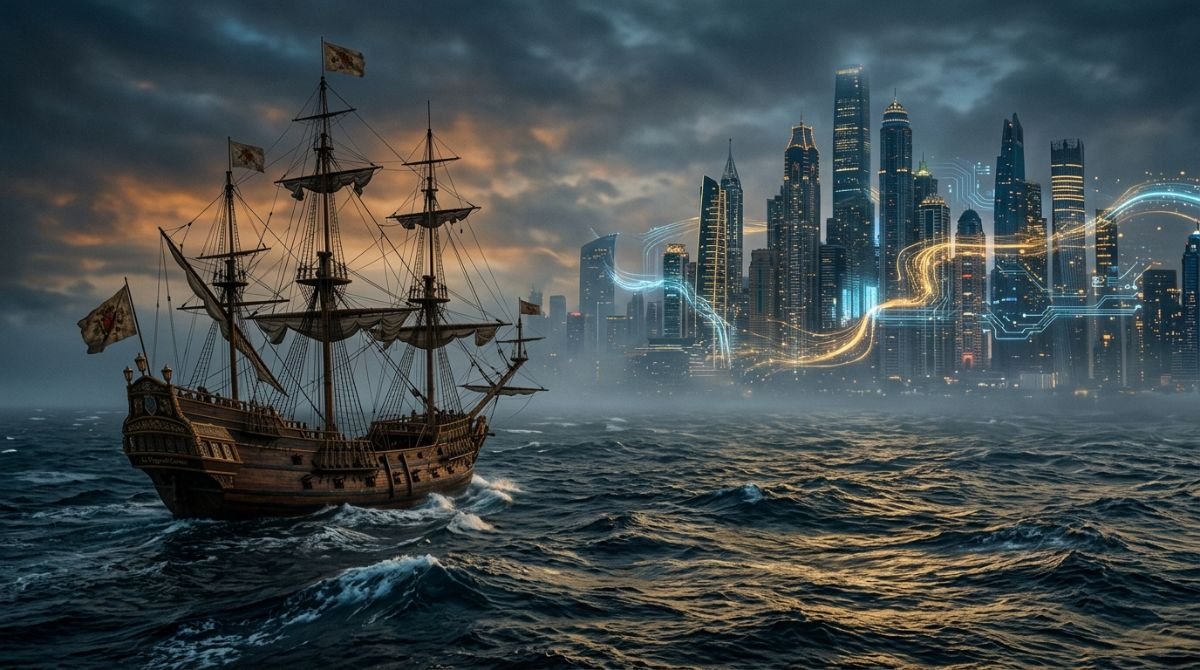 Representación conceptual de la evolución de la corporación moderna con un galeón antiguo navegando hacia rascacielos futuristas bajo un cielo dramático.