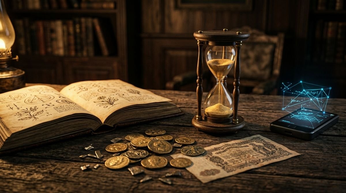 Bodegón histórico y moderno que representa la evolución del dinero desde monedas antiguas hasta la era digital sobre una mesa de madera clásica.