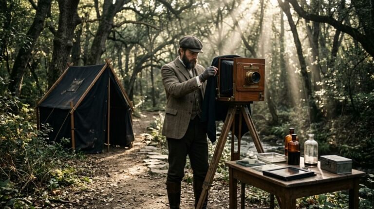 Fotógrafo del siglo diecinueve manipulando una cámara de placas de madera en un bosque durante la era previa a George Eastman