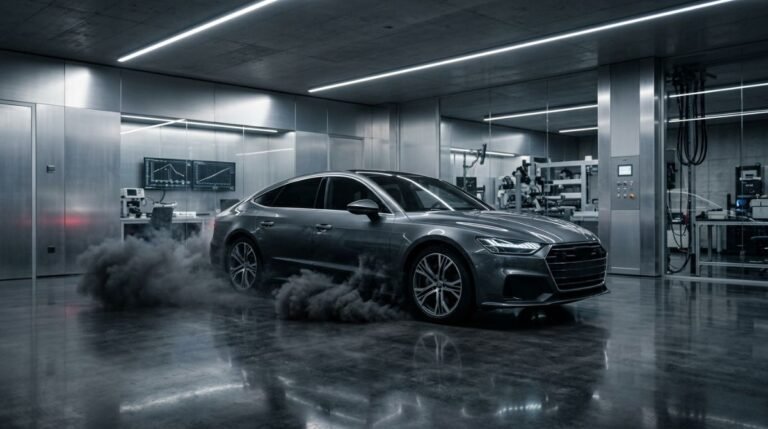 Sedan aleman en laboratorio futurista con humo gris saliendo por debajo, metafora de la crisis del diesel y la ingenieria alemana.