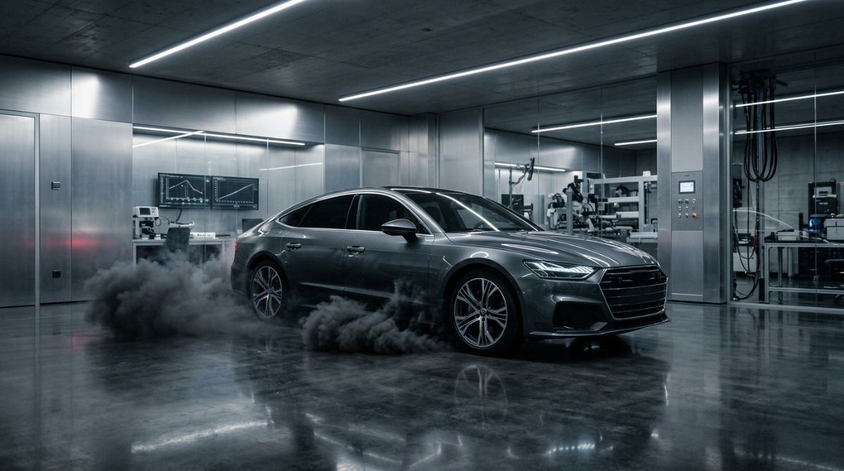 Sedan aleman en laboratorio futurista con humo gris saliendo por debajo, metafora de la crisis del diesel y la ingenieria alemana.