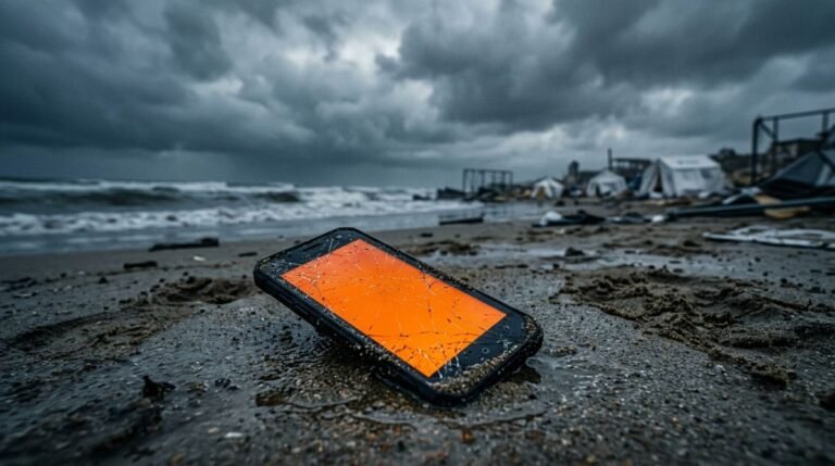 Un smartphone roto mostrando un cuadro naranja en una playa desierta con tiendas de campaña de emergencia difuminadas al fondo.