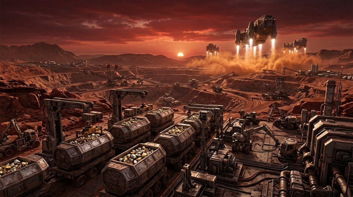 Infraestructura minera industrial en la superficie de Marte con naves de carga y metales preciosos de asteroides