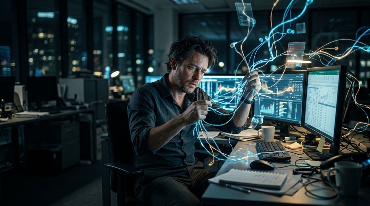 Un profesional exhausto en una oficina moderna intentando conectar manualmente lineas de datos brillantes y hojas de calculo para representar el trabajo manual y la automatizacion.