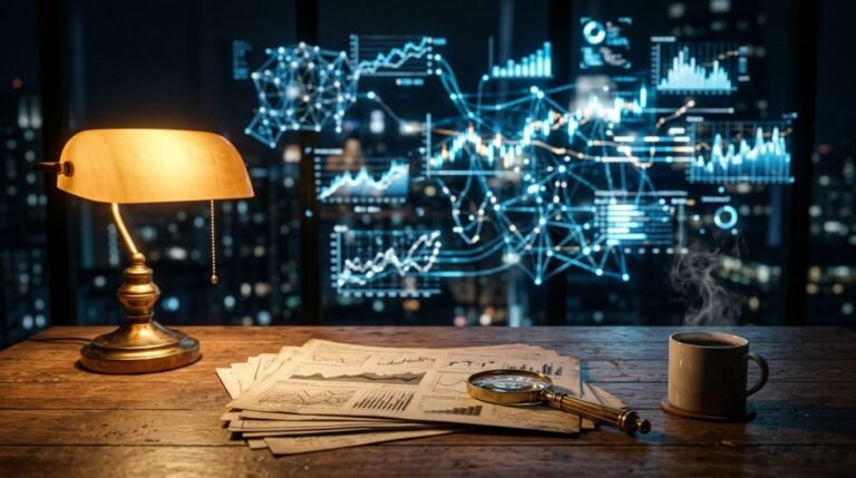 Escritorio clasico de madera con informes financieros en papel contrastado con un fondo difuminado de graficos y datos digitales complejos.
