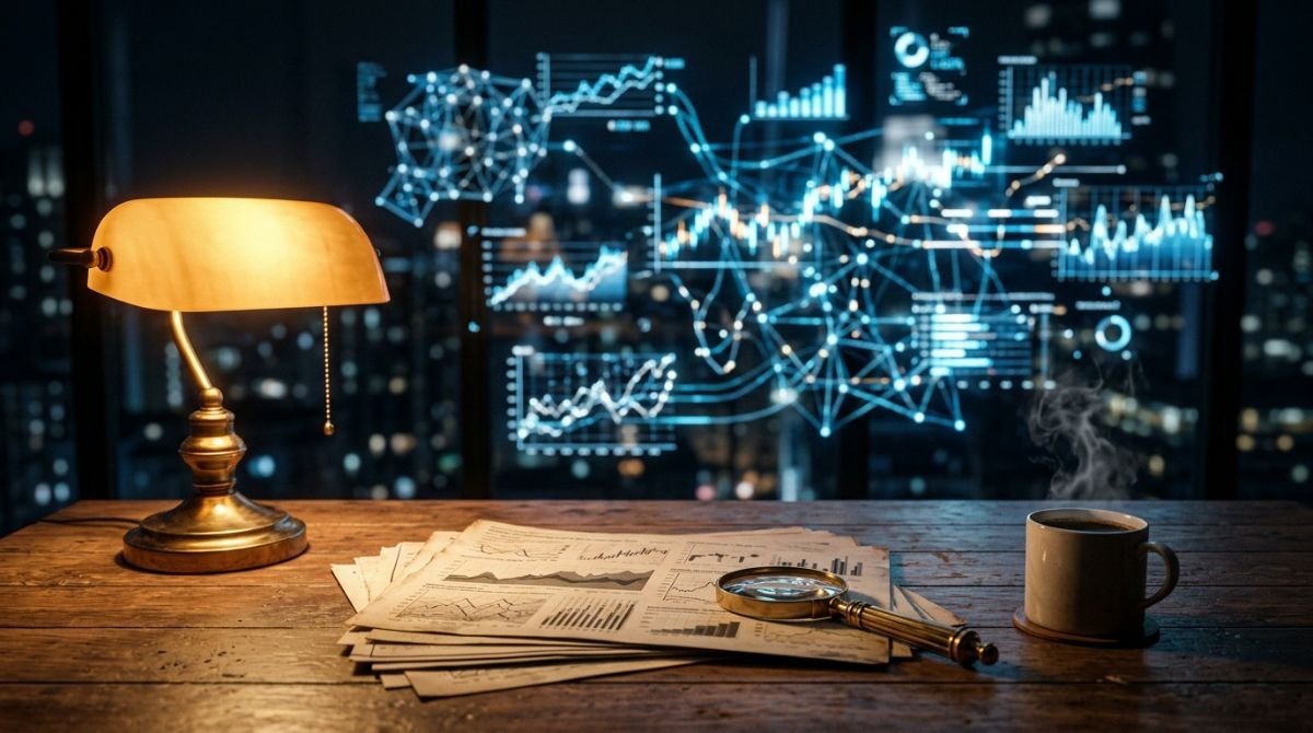 Escritorio clasico de madera con informes financieros en papel contrastado con un fondo difuminado de graficos y datos digitales complejos.