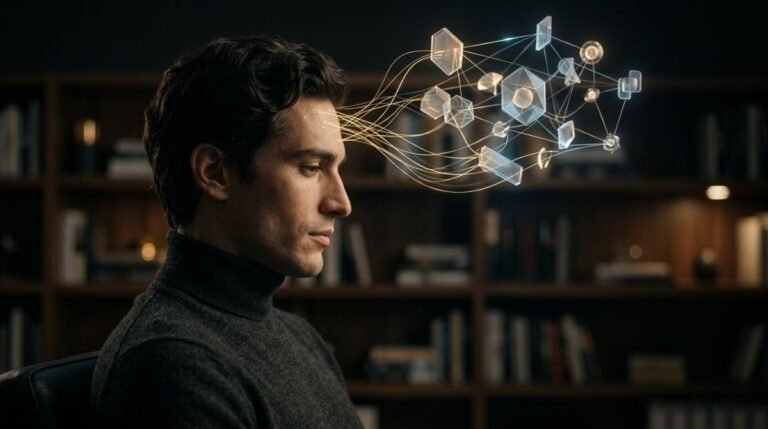 Concepto visual de la organización mental con filamentos de luz dorada conectando a una estructura de datos flotante en un estudio.