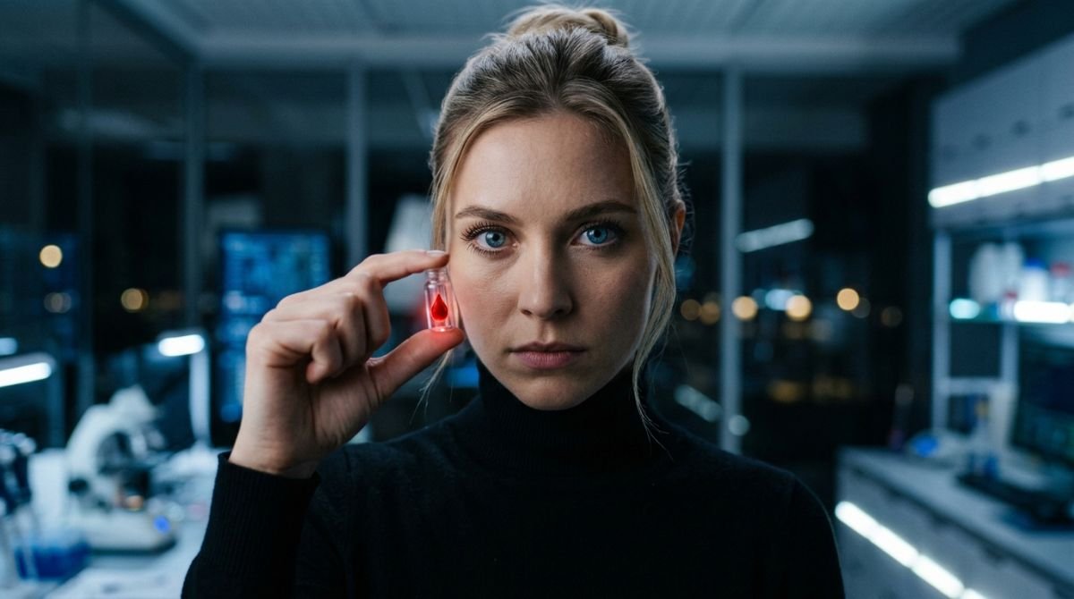 Retrato conceptual inspirado en Elizabeth Holmes vistiendo jersey negro y sosteniendo una muestra de sangre en un laboratorio tecnologico.