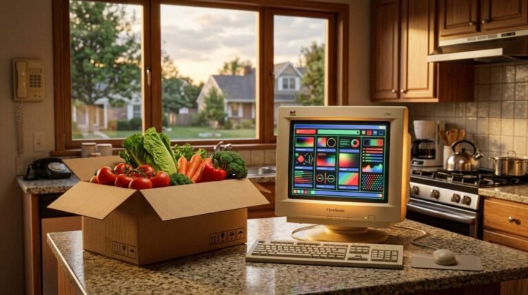 Una caja de cartón abierta llena de vegetales frescos al lado de una computadora clásica CRT de los años 90 en una cocina soleada.