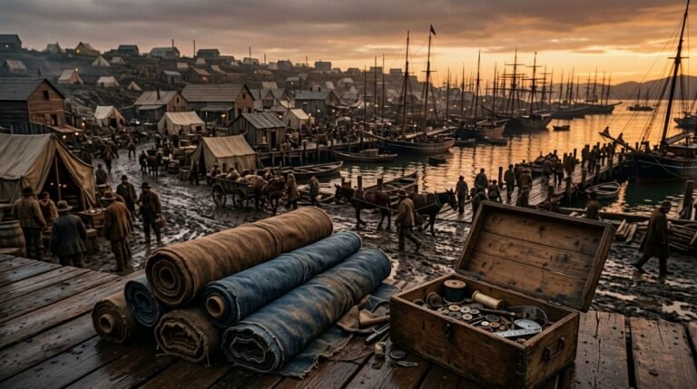 Rollos de tela de lona y denim en un muelle de San Francisco durante la fiebre del oro de 1853.
