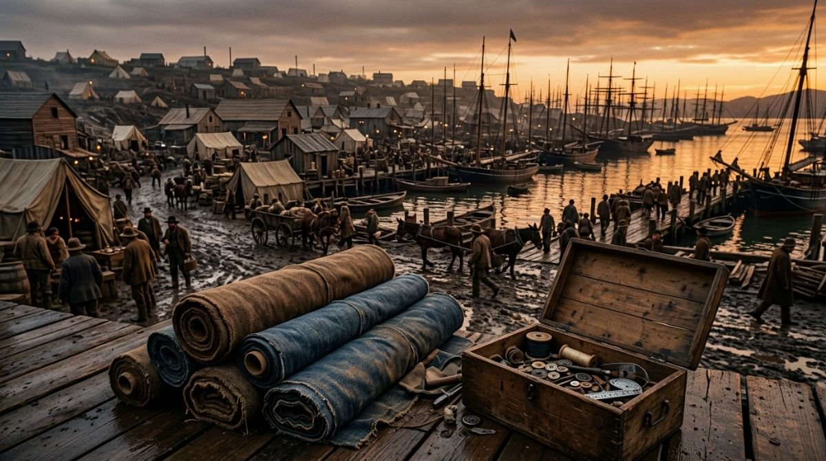 Rollos de tela de lona y denim en un muelle de San Francisco durante la fiebre del oro de 1853.