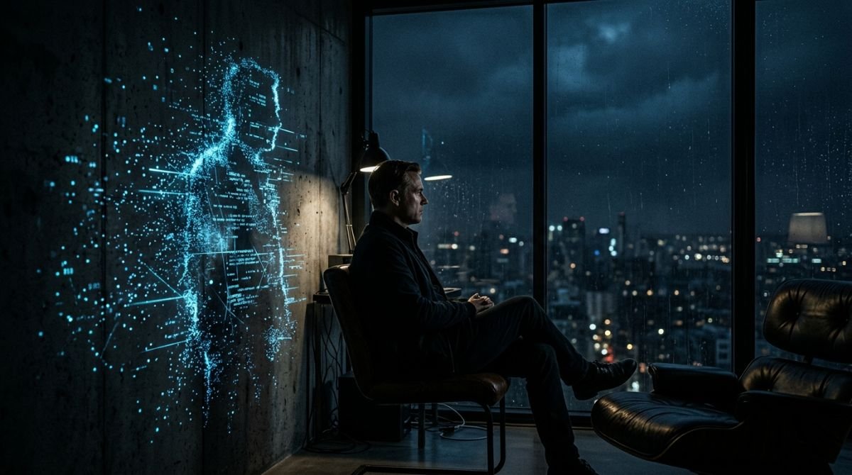 Representación conceptual de la vulnerabilidad de la identidad digital mediante una sombra de partículas de datos desvaneciéndose.