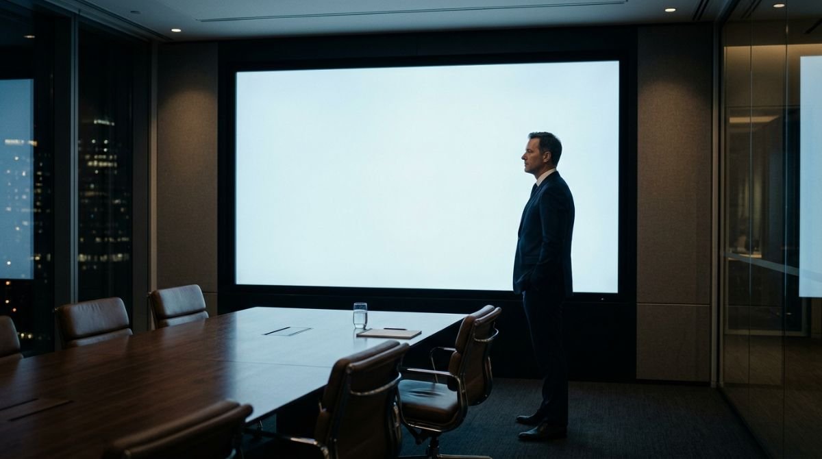 Profesional de negocios frente a una pantalla digital en blanco en una moderna sala de reuniones.