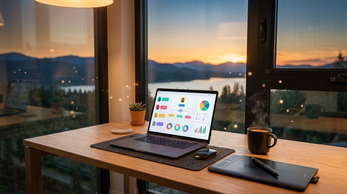 Escritorio de oficina en casa moderno con tecnología de colaboración digital y vista panorámica, representando el trabajo remoto eficiente.