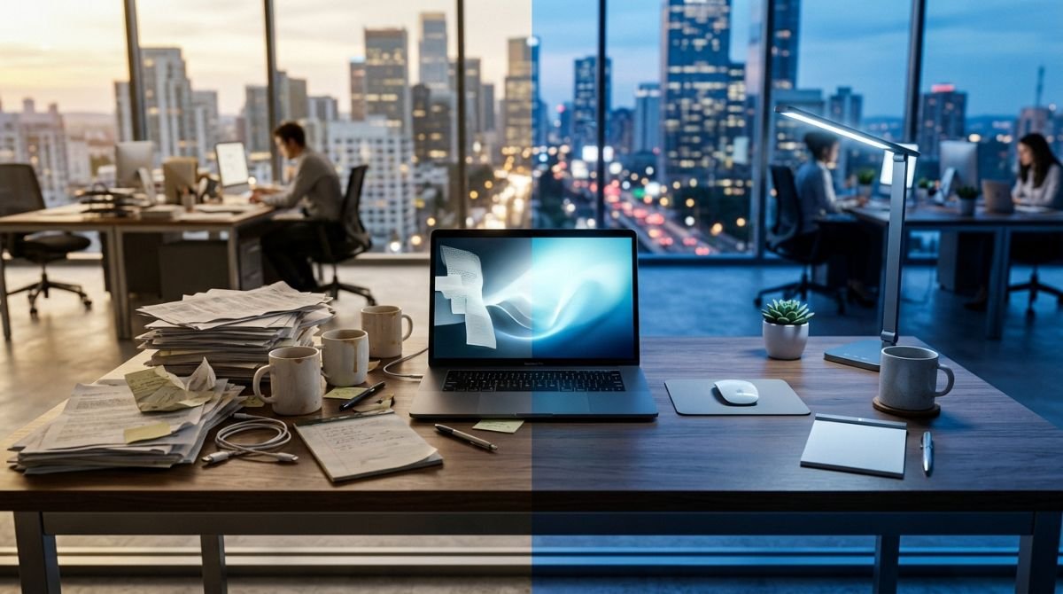 Contraste visual entre un escritorio de oficina desordenado y un espacio de trabajo digital organizado para emprendedores.