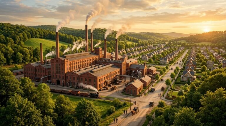 Fábrica de chocolate histórica rodeada de campos verdes en la ciudad utópica de Hershey Pensilvania a principios del siglo XX.