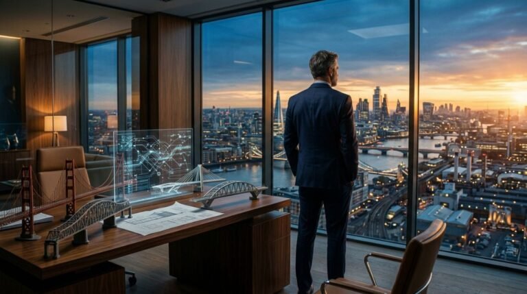 Empresario visionario contemplando una gran ciudad desde su oficina, representando el exito empresarial y la vision a largo plazo.
