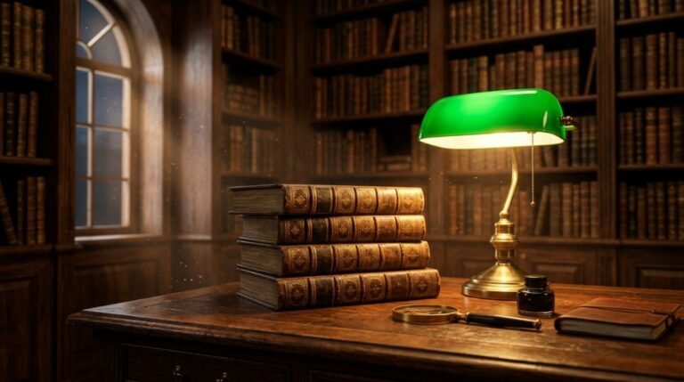 Libros antiguos sobre historia de la publicidad y marketing apilados sobre un escritorio vintage iluminado