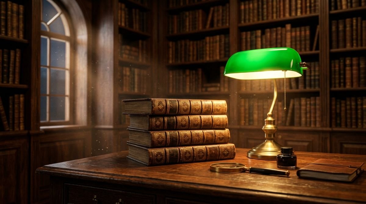 Libros antiguos sobre historia de la publicidad y marketing apilados sobre un escritorio vintage iluminado