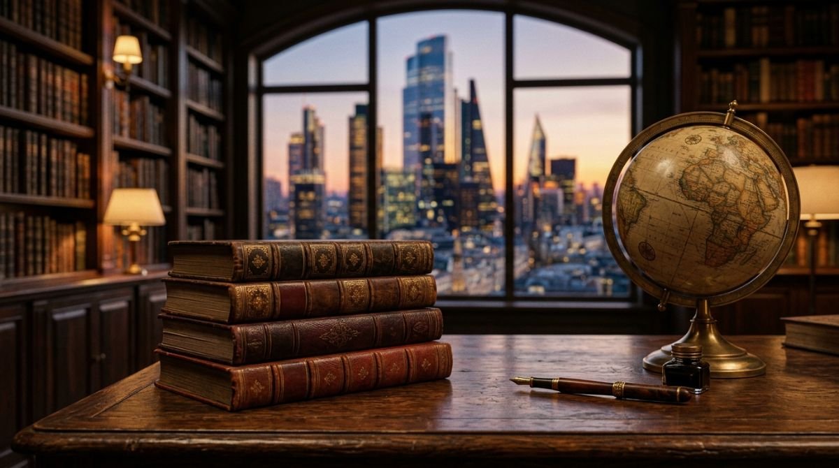 Pila de libros de historia empresarial y corporativa sobre un escritorio de madera elegante con rascacielos de fondo.