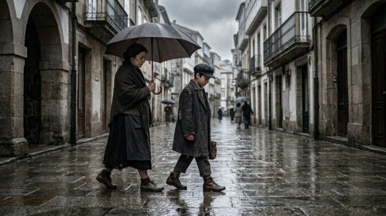 Madre e hijo caminando bajo la lluvia en una calle empedrada de A Coruna en los anos 40, representando la infancia de Amancio Ortega.