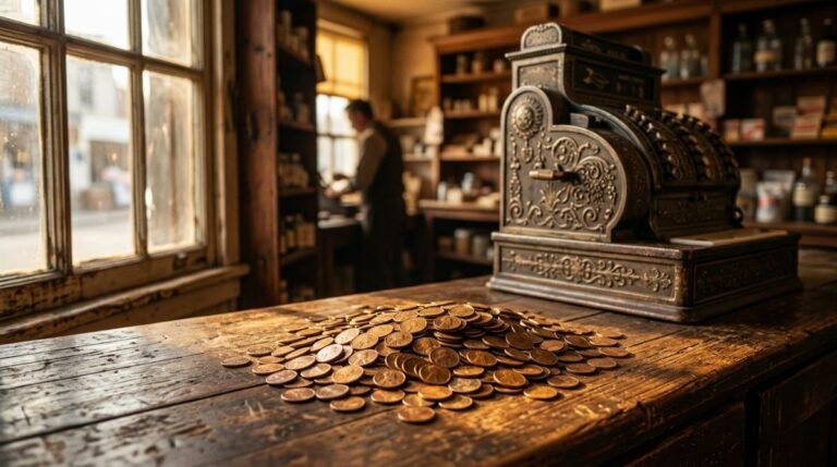 Mostrador de madera vintage con monedas de centavo bajo luz cálida representando los inicios de Walmart y la filosofía de ahorro de Sam Walton.