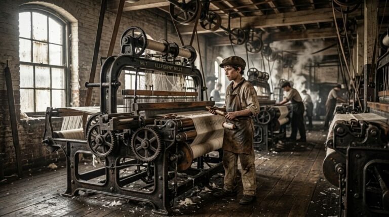 Joven trabajador frente a un telar mecánico en una fábrica textil del siglo diecinueve durante la revolución industrial de Allegheny.