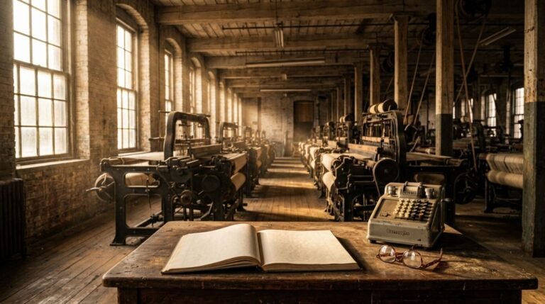 Interior de una fabrica textil de los anos 60 con un escritorio de madera y balances de cuentas, representando los inicios de Berkshire Hathaway.