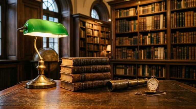 Libros antiguos sobre finanzas y bolsa de valores iluminados por una lámpara clásica en un escritorio de madera.