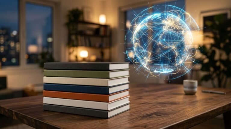 Libros sobre una mesa de madera con un holograma brillante de la Tierra interconectada de fondo, simbolizando la globalizacion.