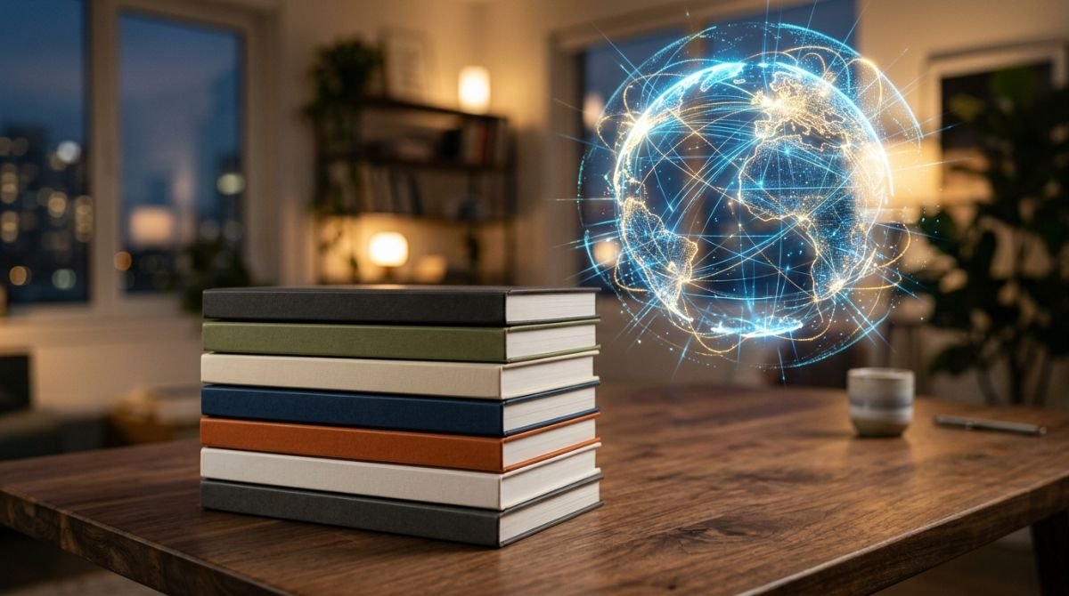 Libros sobre una mesa de madera con un holograma brillante de la Tierra interconectada de fondo, simbolizando la globalizacion.