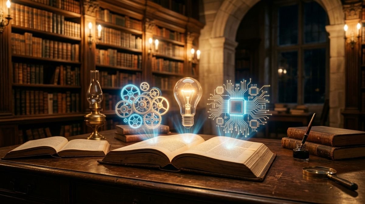 Libros abiertos con hologramas de inventos historicos y engranajes de tecnologia en un escritorio.