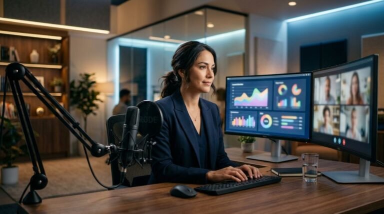 Estudio de grabacion para seminarios web profesionales con pantallas de videoconferencia y microfono de alta gama.