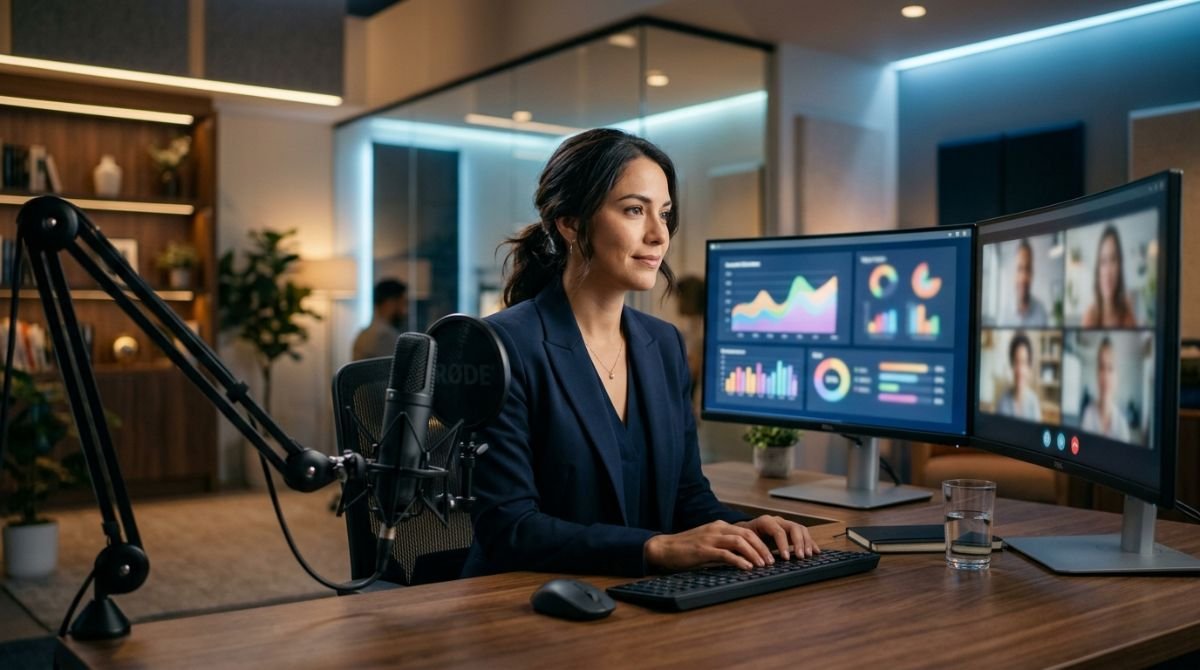 Estudio de grabacion para seminarios web profesionales con pantallas de videoconferencia y microfono de alta gama.