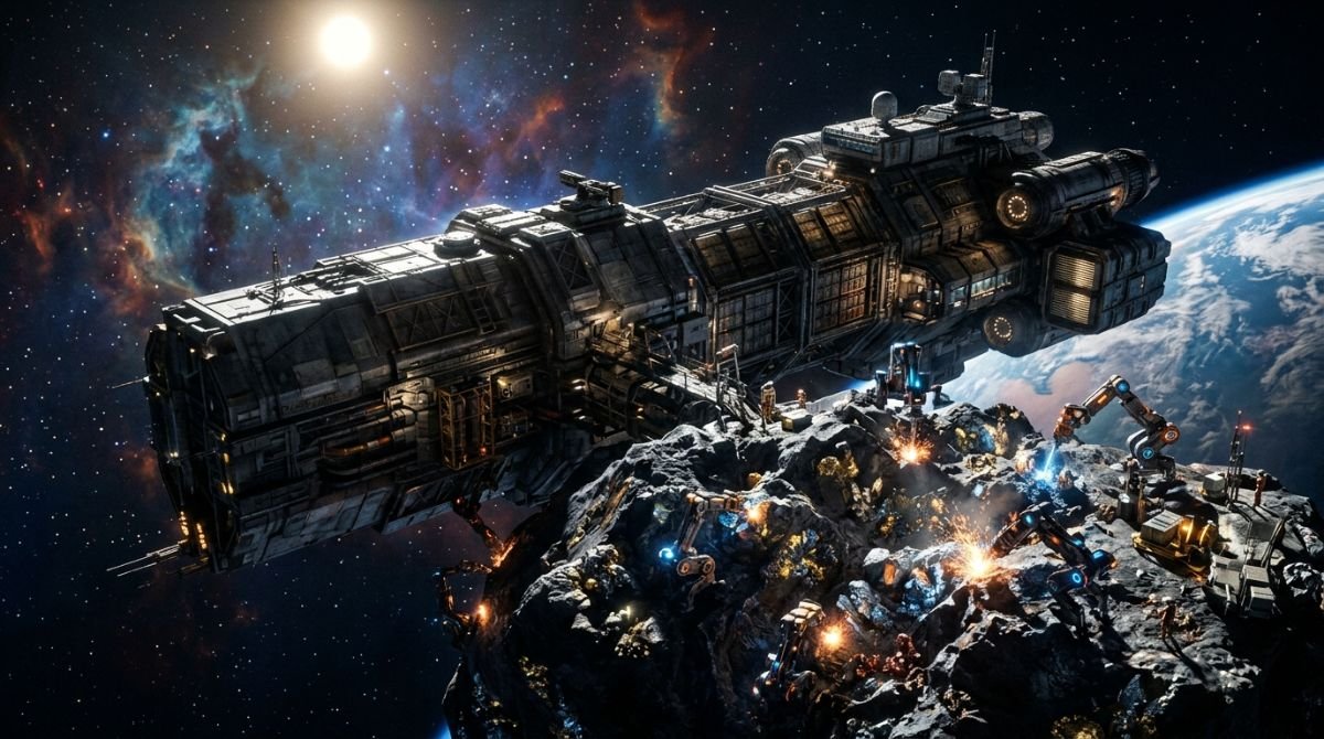 Nave industrial realizando minería espacial en un asteroide rico en minerales para ilustrar la economía del futuro.