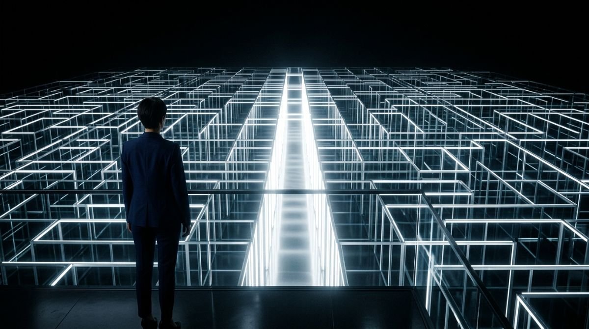 Hombre observando un laberinto de cristal iluminado que simboliza la complejidad de los préstamos e hipotecas.